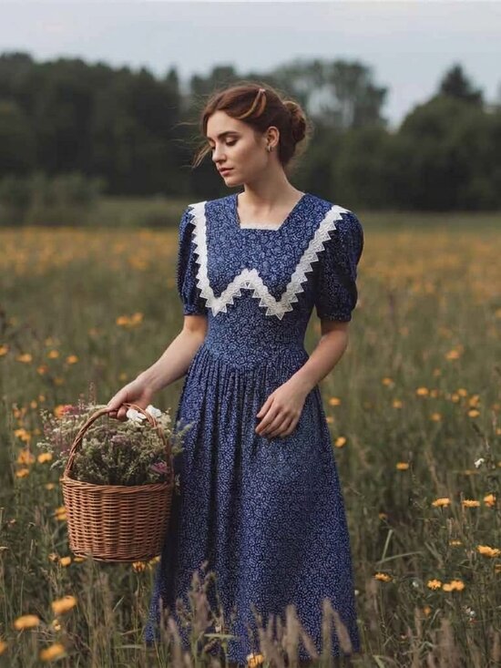 Byer Too! Dresses & Skirts - Vintage Blue Floral Calico Cottagecore Prairie Dress Lace Bib Collar sz M 11 USA